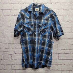 Ely Cattleman‎ Blue Plaid Western Shirt Size M Pearl Snap Short Sleeve Country